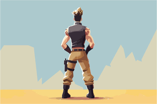 Male hero warrior video game character art, strong military ops badass man from shooting game standing back view vector isolated illustration avatar
