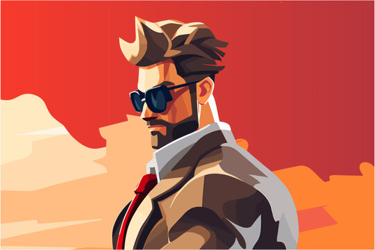 Male cool hero secret agent video game character art, badass man in sunglasses and suit spy action game avatar vector isolated illustration avatar