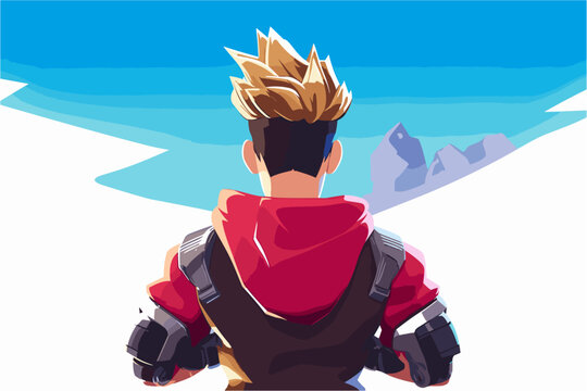 Fototapeta Male hero warrior video game character art, strong military ops badass man from shooting game standing back view vector isolated illustration avatar
