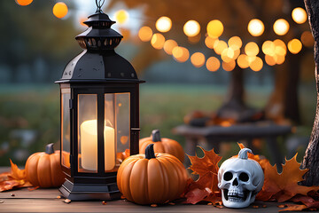 Autumn table setting with pumpkins and candles. Halloween home decoration. Generative AI
