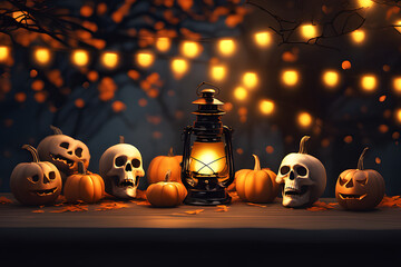 Autumn table setting with pumpkins and candles. Halloween home decoration. Generative AI