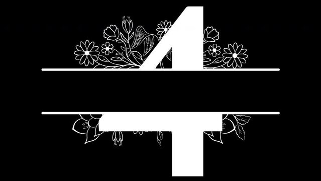 Number Four Flowers Monogram Aesthetic White Animated, with ALPHA Channel (Transparent Background) In 4K Resolution