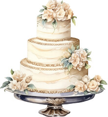 Wedding cake flowers watercolor illustration. Generative AI