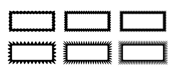 Zig zag edge rectangle frames collection. Jagged rectangular borders set. Black graphic design elements for decoration, banner, poster, template, sticker, badge. Vector