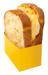 Egg Garlic Cheese Toast in paper bucket isolated on white background PNG File.