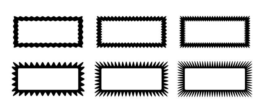 Zig zag edge rectangle frames collection. Jagged rectangular borders set. Black graphic design elements for decoration, banner, poster, template, sticker, badge. Vector