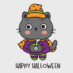 Halloween card with kitten cat kawaii animal