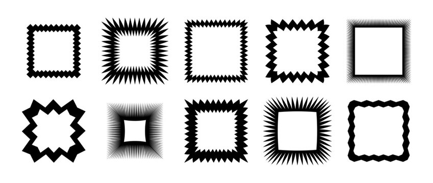 Zig zag edge square frames collection. Jagged shapes set. Black graphic design elements for decoration, banner, poster, template, sticker, badge. Vector bundle
