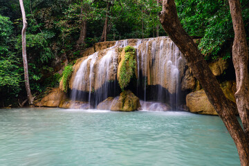 Landscape view of Erawan waterfall Kanchanaburi Thailand. Erawan National Park is most popular falls in Thailand.