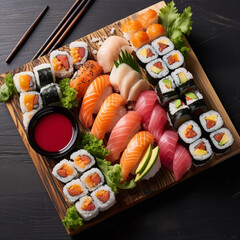 sushi on a wooden plate japanese style generative ai photo
