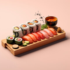 sushi on a wooden plate generative ai photo