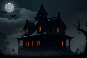 Fototapeta na wymiar Halloween illustration featuring a spooky house surrounded by a misty cemetery. The full moon adds to the eerie and horror atmosphere. Halloween Background concept, scary haunted house