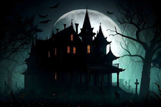 Halloween illustration featuring a spooky house surrounded by a misty cemetery. The full moon adds to the eerie and horror atmosphere. Halloween Background concept, scary haunted house