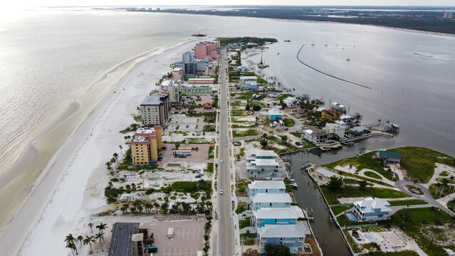 Aerial of Fort Myers Beach, FL ten months after Hurricane Ian