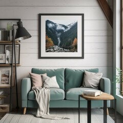 Poster photos hung on the wall in the living room decorated with modern furniture with natural light from the windows. For home design, luxury, comfort. 