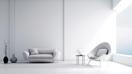 a modern minimalist interior empty white color wall background, with a sleek and stylish armchair 
