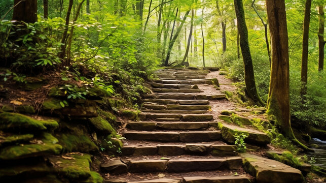 Hiking trails in the mountains, curved natural stone steps