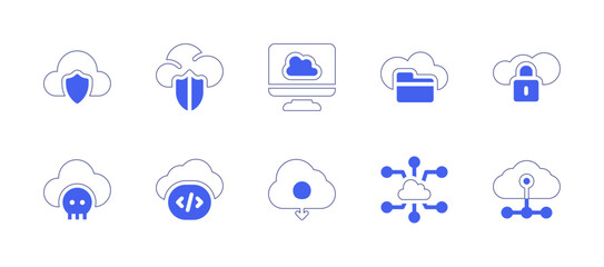 Cloud computing icon set. Duotone style line stroke and bold. Vector illustration. Containing cloud computing, cloud storage, cloud, cloud network.