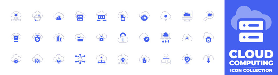 Cloud computing icon collection. Duotone style line stroke and bold. Vector illustration. Containing cloud computing, cloud sync, cloud, cloud server, cloud storage, edge computing, cloud, and more.