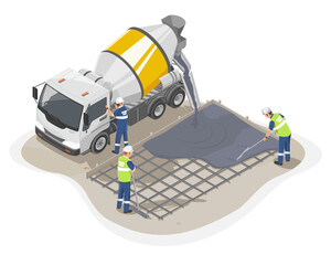 Concrete truck isometric yellow white cement delivery worker working on floor construction worksite isolated cartoon illustration vector - obrazy, fototapety, plakaty