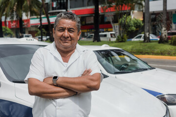 latin taxi driver senior man with car on background at city street in Mexico in Latin America, Hispanic adult people