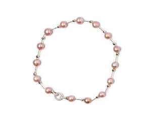 A meticulously crafted necklace, presenting multiple lustrous pink pearls threaded together....