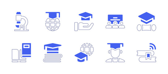 Education icon set. Duotone style line stroke and bold. Vector illustration. Containing education, classroom, graduation, graduate, online library.