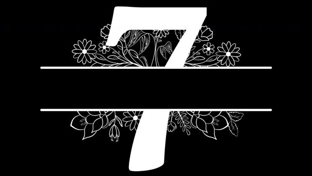 Number Seven Flowers Monogram Aesthetic White Animated, with ALPHA Channel (Transparent Background) In 4K Resolution