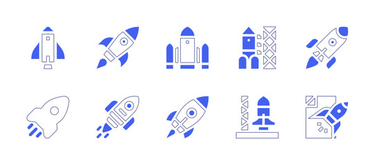 Rocket icon set. Duotone style line stroke and bold. Vector illustration. Containing space ship, startup, rocket, shuttle, rocket ship.