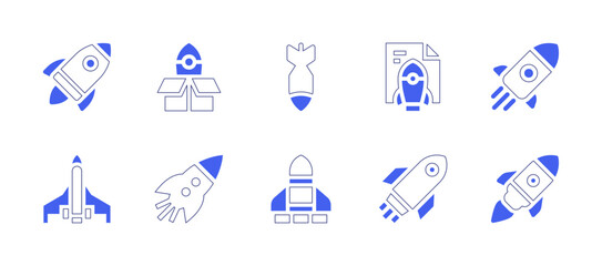 Rocket icon set. Duotone style line stroke and bold. Vector illustration. Containing rocket, deployment, rocket ship, startup.
