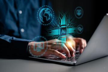 ai, unit, technology, processor, artificial intelligence, innovation, central processing unit, innovative, process, neural. typing at keyboard with laptop ai technology hud embracing the future.