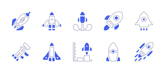 Fototapeta na wymiar Rocket icon set. Duotone style line stroke and bold. Vector illustration. Containing startup, rocket, spaceship, rocket launcher, space shuttle.