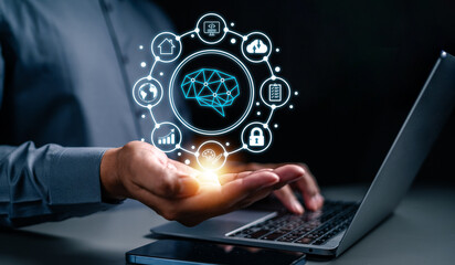 neural, technology, processor, network, link, system, innovation, innovative, ai, artificial intelligence. one hand typing keyboard and another hand show neural links ai technology and IOT is showing.
