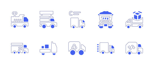 Truck icon set. Duotone style line stroke and bold. Vector illustration. Containing truck, food truck, cargo truck, delivery truck, pick up truck, recycling truck.