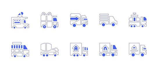 Truck icon set. Duotone style line stroke and bold. Vector illustration. Containing ice cream truck, delivery truck, tanker truck, food truck, mixer truck, moving truck.