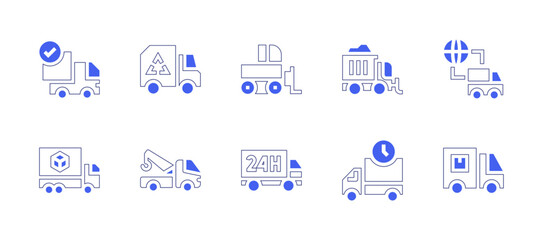 Truck icon set. Duotone style line stroke and bold. Vector illustration. Containing delivery truck, truck, snowplow, garbage truck, tow truck, delivery.