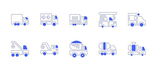 Truck icon set. Duotone style line stroke and bold. Vector illustration. Containing delivery truck, truck, crane truck, tow truck, dump truck, cement truck, tank truck.