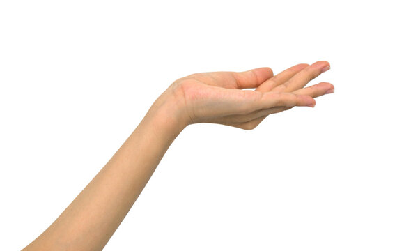 An elegant woman's hand extended forward, her fingertips gently curled as if to grasp something invisible, set against a spotless white background.