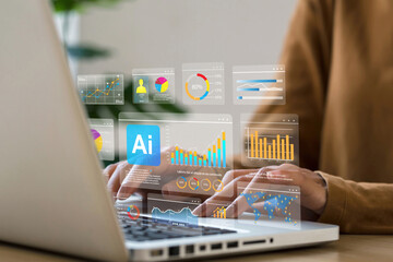 Analyst works on laptop Showing business analytics dashboard with charts, metrics, and KPI to analyze performance and create insight reports for operations management. AI technology analyzes big data