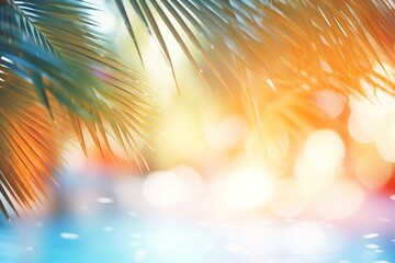 Fototapeta na wymiar Beautiful background for summer vacation and travel. The golden sand of the tropical beach, blurry palm leaves, and bokeh highlights on the water