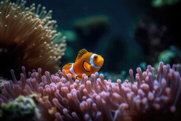 Naklejka na ściany i meble Colorful clownfish swim among vibrant coral in tropical reef, adding life to underwater world. Lively and vibrant colors abound