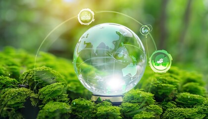 Glass globe in green forest with the icon environment of ESG, co2, circular company, and net zero. Technology Environment, Organization Sustainable development environmental