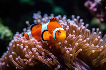 Colorful clownfish swim among vibrant coral in tropical reef, adding life to underwater world. Lively and vibrant colors abound