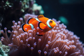 Naklejka na ściany i meble Colorful clownfish swim among vibrant coral in tropical reef, adding life to underwater world. Lively and vibrant colors abound