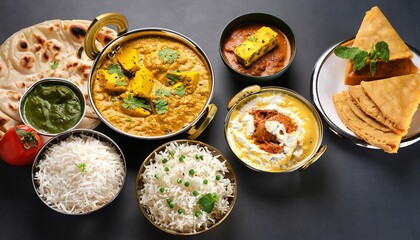 Indian food Curry butter chicken, Palak Paneer, Chiken Tikka, Biryani, Vegetable Curry, Papad, Dal, Palak Sabji, Jira Alu, Rice with Saffron on dark background