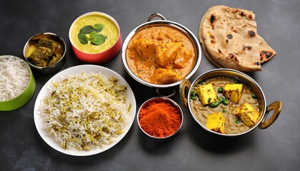 Indian food Curry butter chicken, Palak Paneer, Chiken Tikka, Biryani, Vegetable Curry, Papad, Dal, Palak Sabji, Jira Alu, Rice with Saffron on dark background