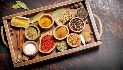 Indian spices in wooden trays