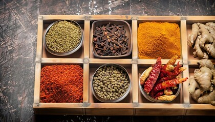 Indian spices in wooden trays