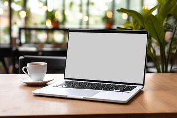 Man using laptop with white blank screen mockup