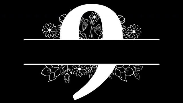 Number Nine Flowers Monogram Aesthetic White Animated, with ALPHA Channel (Transparent Background) In 4K Resolution